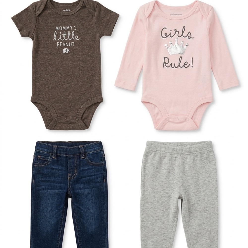 3-6m Baby 4-Piece Bodysuit & Pants Set - Pink, Brown, Denim, Gray